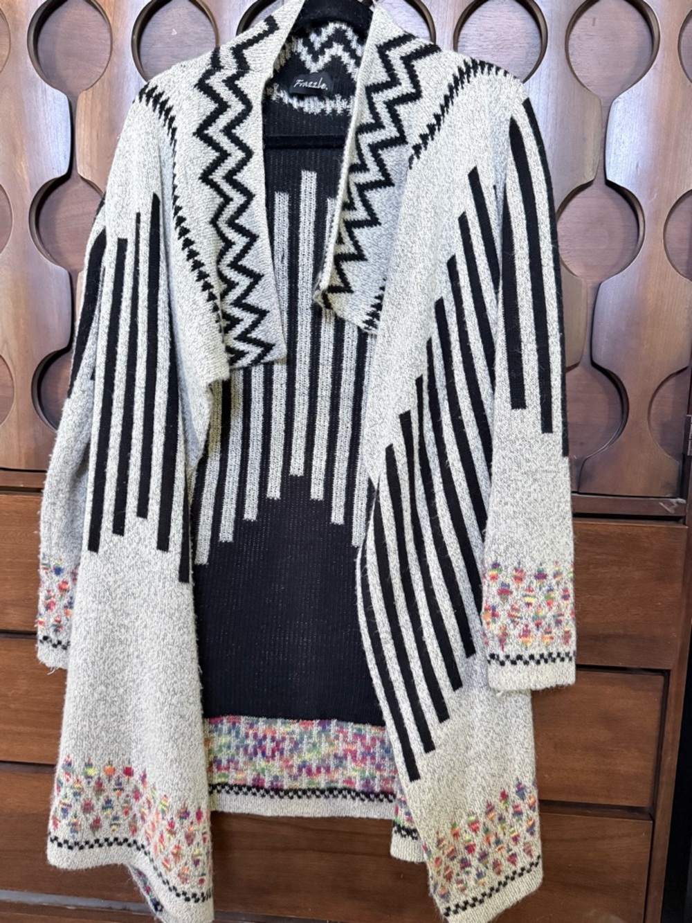 Frazzle Black and Cream Geometric Open-Front Sweater